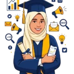 Digital Marketing Analyst in Malappuram graduation-themed illustration with SEO and social media marketing icons